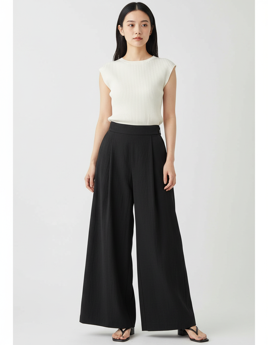 Pantalon Japonais Noir Fluide Ample Taille Haute - Viscose