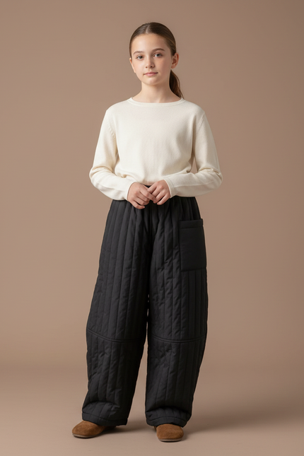 Pantalon Japonais Matelassé Noir Ample Hiver Enfant - Polyester
