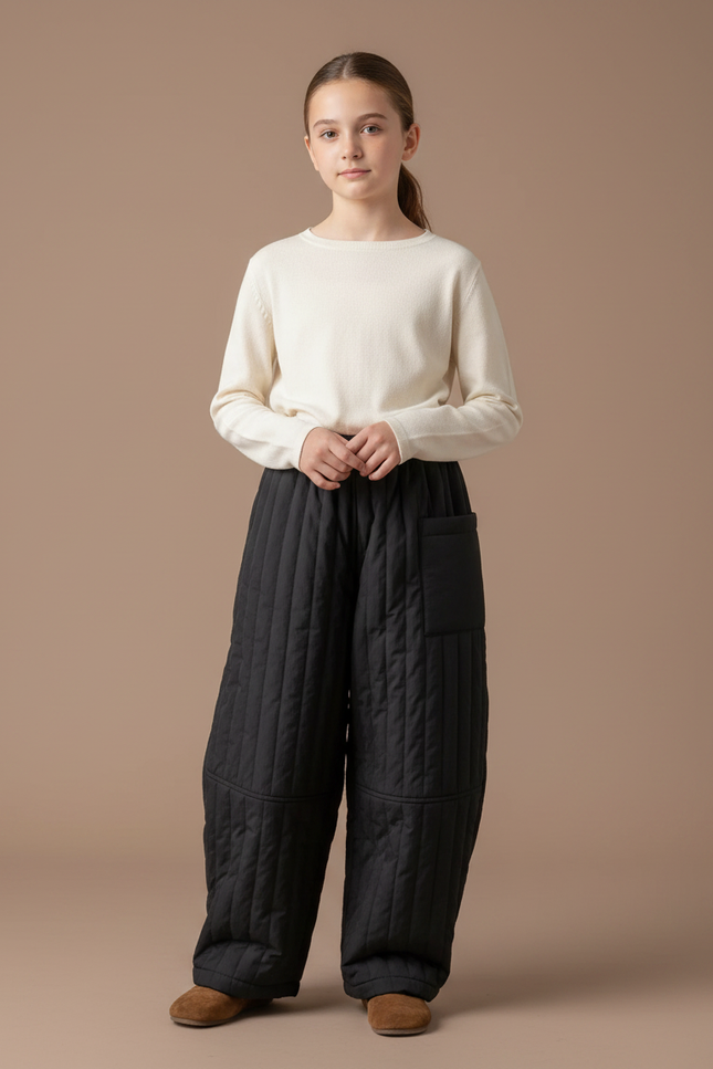 Pantalon Japonais Matelassé Noir Ample Hiver Enfant - Polyester