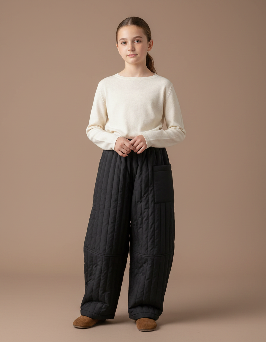 Pantalon Japonais Matelassé Noir Ample Hiver Enfant - Polyester
