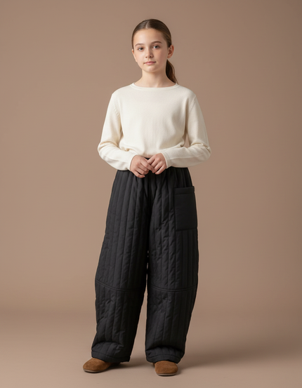 Pantalon Japonais Matelassé Noir Ample Hiver Enfant - Polyester