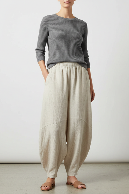 Pantalon Japonais Beige Ample Coton Lin Décontracté