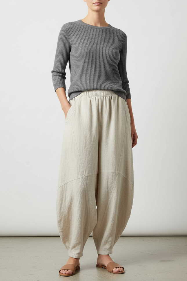 Pantalon Japonais Beige Ample Coton Lin Décontracté