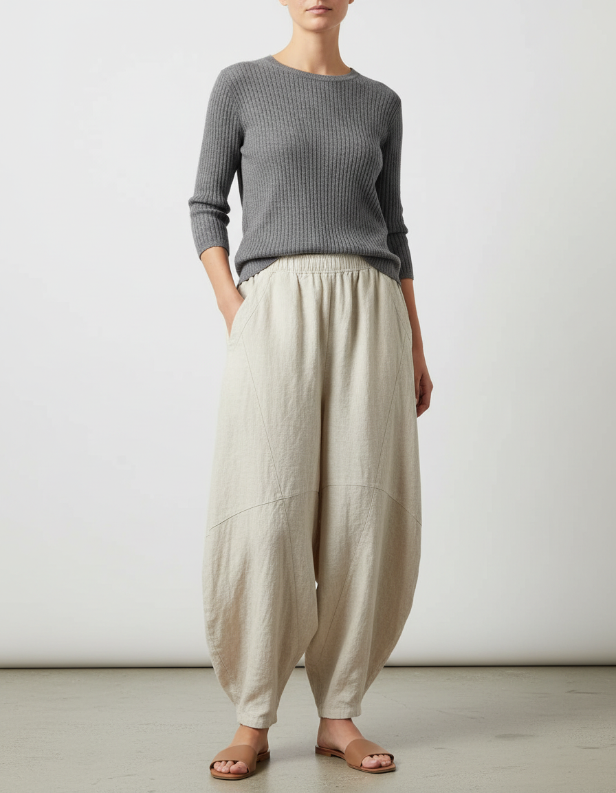 Pantalon Japonais Beige Ample Coton Lin Décontracté