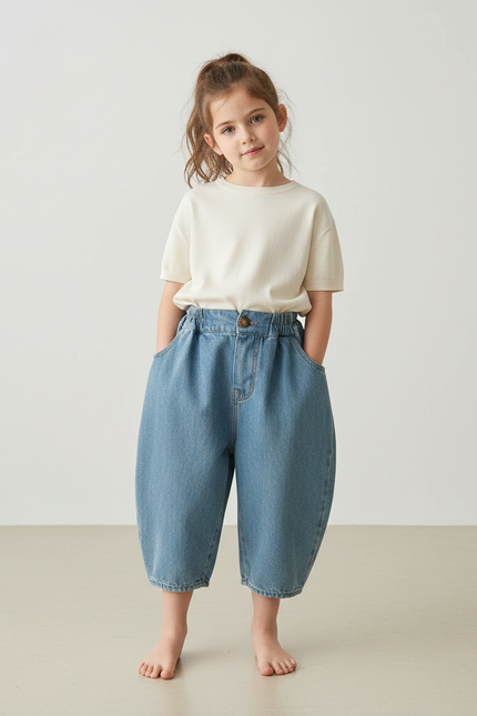 Pantalon Japonais Denim Ample Large Enfant Fille - Bleu Jean