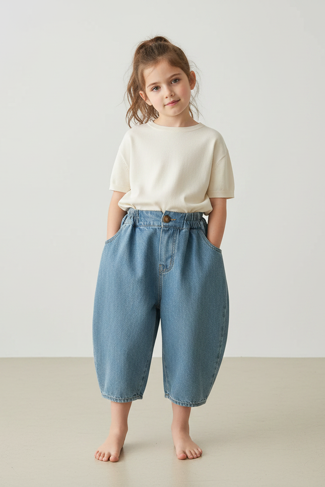 Pantalon Japonais Denim Ample Large Enfant Fille - Bleu Jean