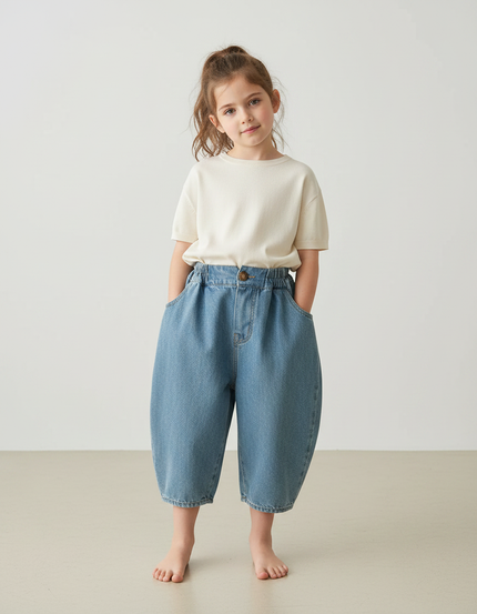 Pantalon Japonais Denim Ample Large Enfant Fille - Bleu Jean