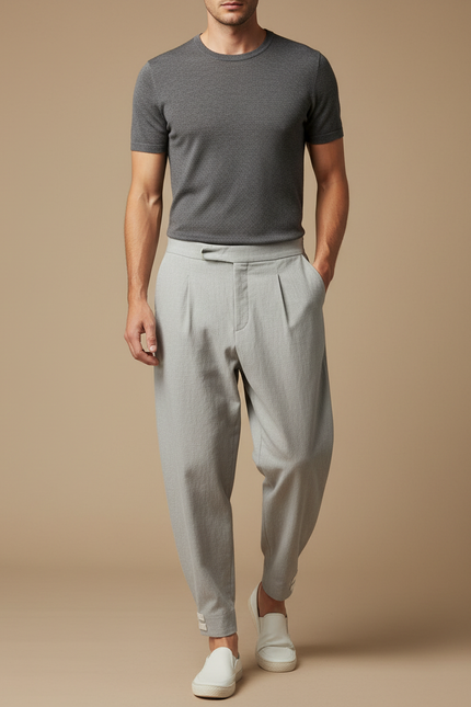Pantalon Japonais Gris Clair Ample Plissé Décontracté - Lin