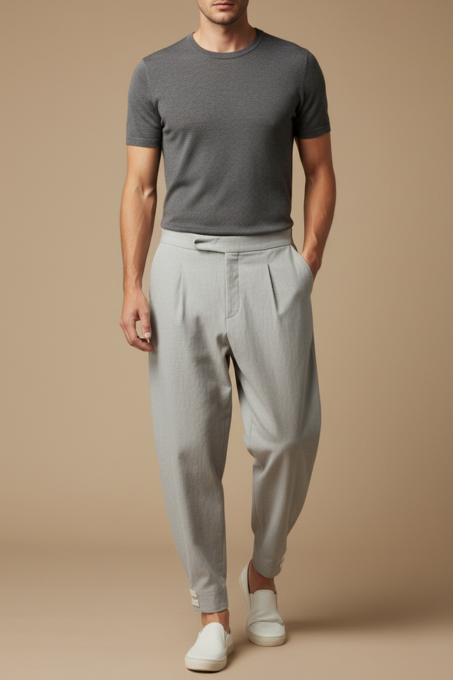 Pantalon Japonais Gris Clair Ample Plissé Décontracté - Lin
