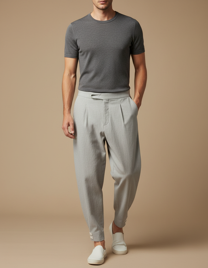 Pantalon Japonais Gris Clair Ample Plissé Décontracté - Lin