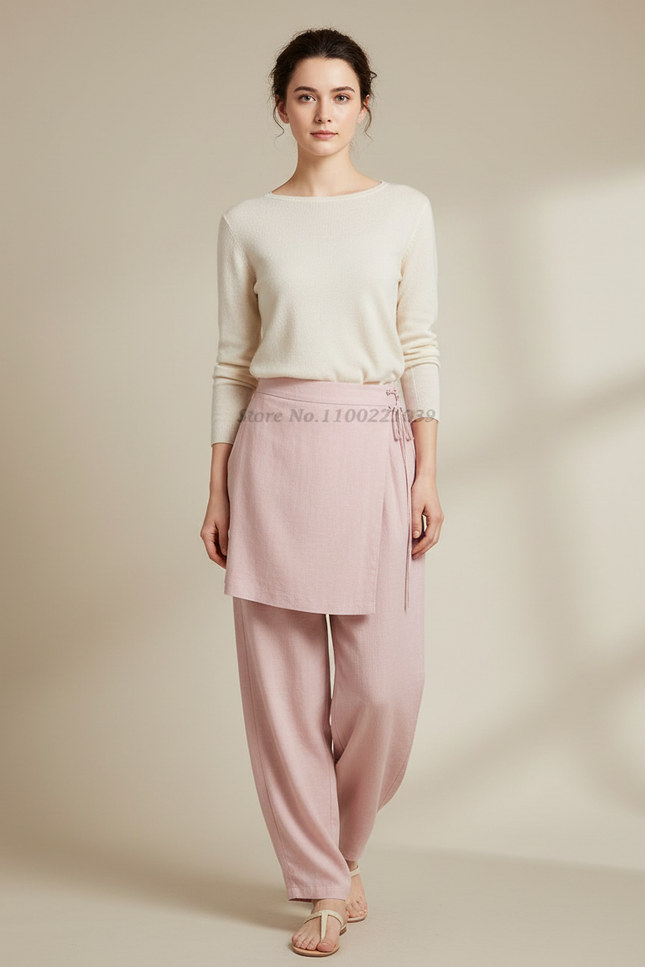 Pantalon Japonais Rose Fluide Ample Lin Décontracté