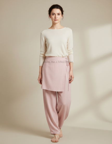 Pantalon Japonais Rose Fluide Ample Lin Décontracté
