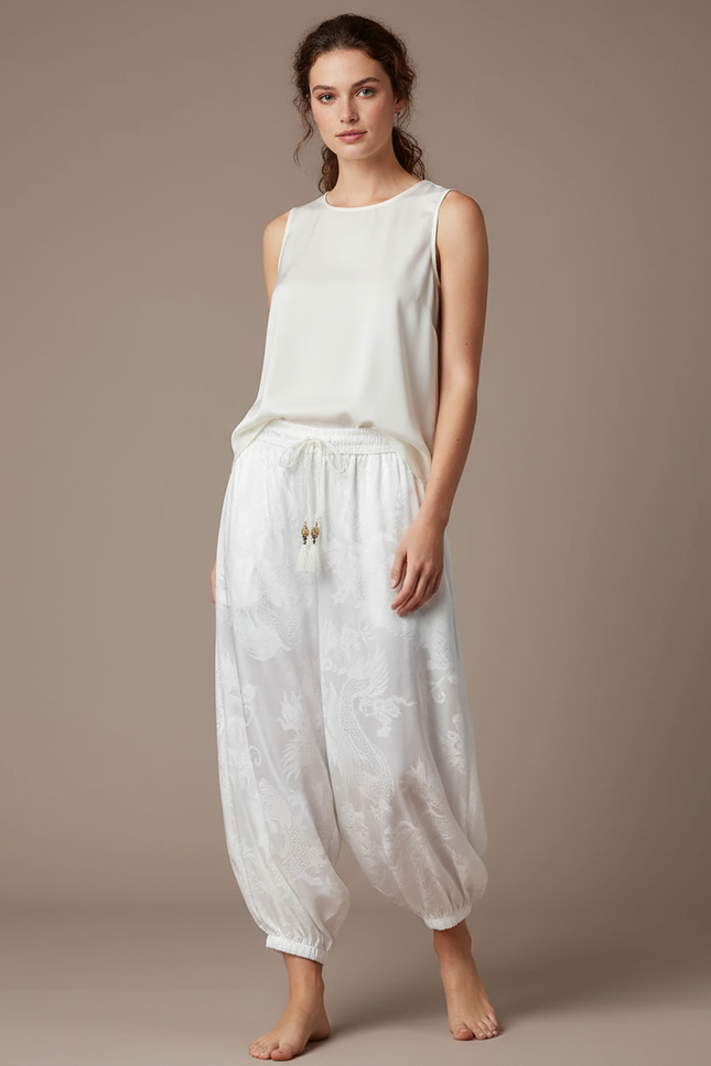 Pantalon Japonais Blanc Soie Dragon Harem Fluide