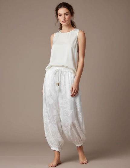 Pantalon Japonais Blanc Soie Dragon Harem Fluide