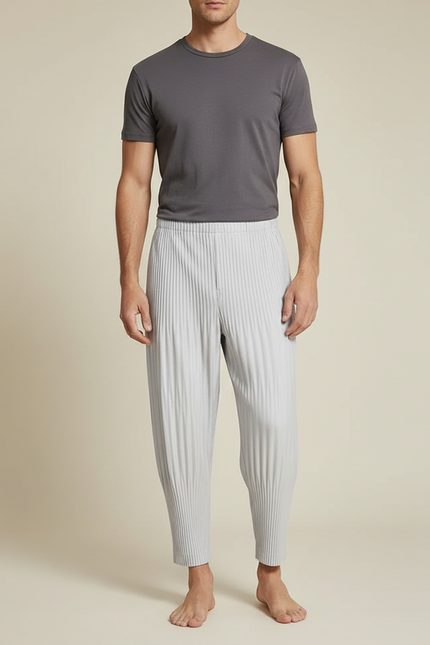 Pantalon Japonais Plissé Gris Ample Décontracté Fluide - Polyester