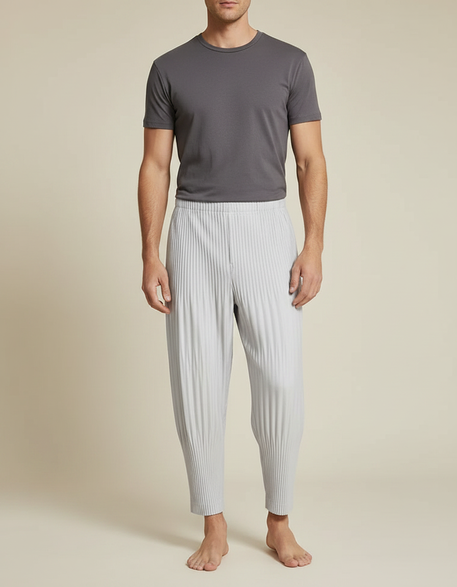 Pantalon Japonais Plissé Gris Ample Décontracté Fluide - Polyester