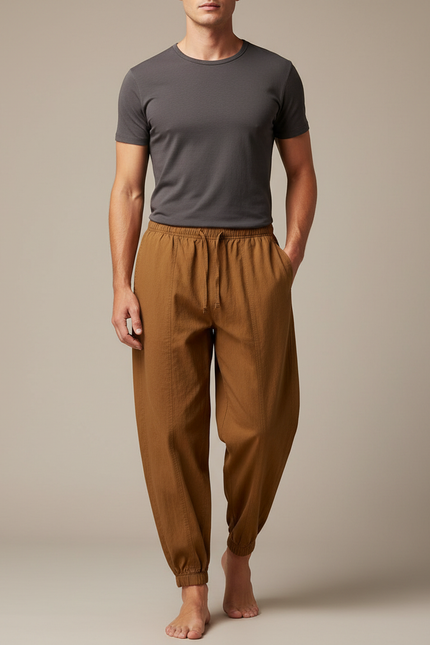 Pantalon Japonais Marron Ample Coton Confortable