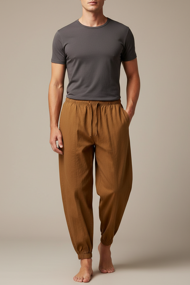 Pantalon Japonais Marron Ample Coton Confortable