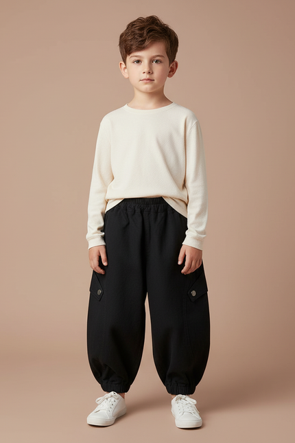 Pantalon Japonais Noir Cargo Ample Garçon Coton