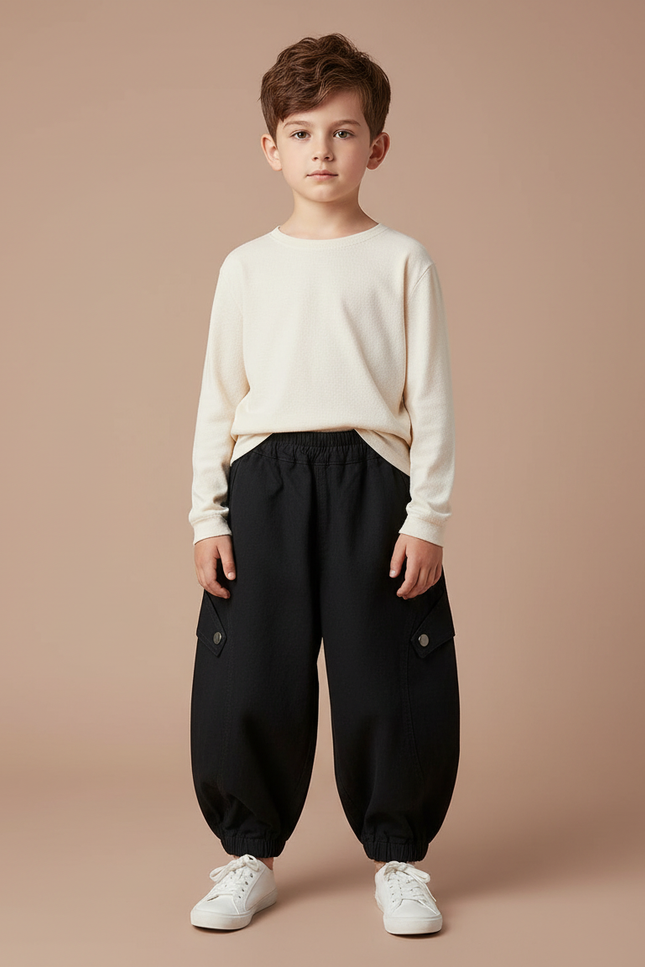 Pantalon Japonais Noir Cargo Ample Garçon Coton