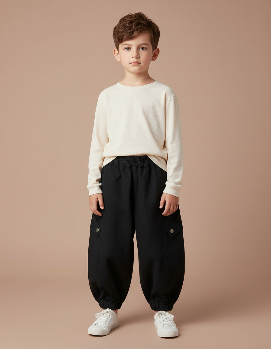 Pantalon Japonais Noir Cargo Ample Garçon Coton