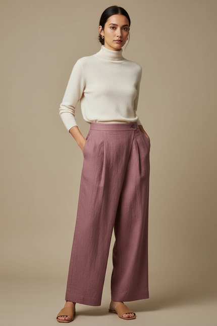 Pantalon Japonais Rose Ample Lin Plissé Élégant Femme