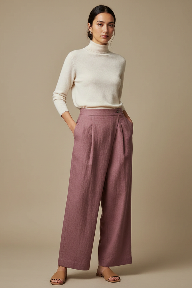 Pantalon Japonais Rose Ample Lin Plissé Élégant Femme