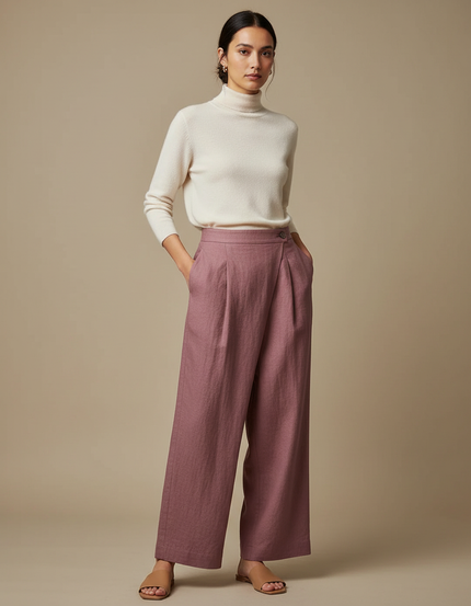 Pantalon Japonais Rose Ample Lin Plissé Élégant Femme
