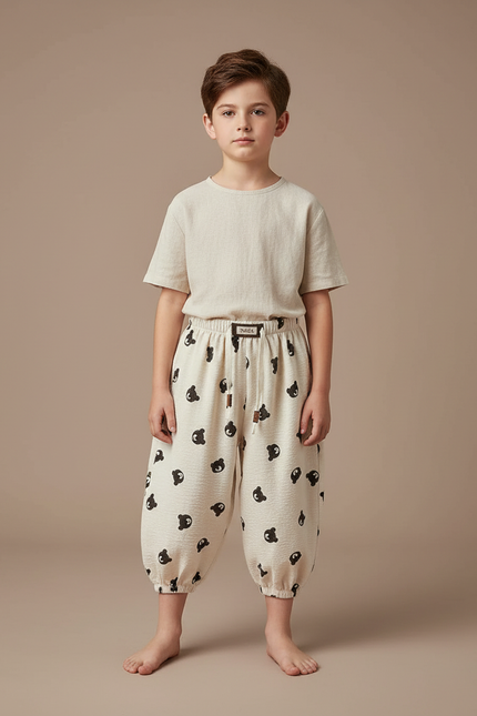 Pantalon Japonais Crème Harem Motif Ours Décontracté Enfant - Beige Lin