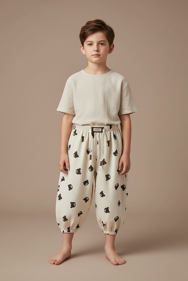 Pantalon Japonais Crème Harem Motif Ours Décontracté Enfant - Beige Lin