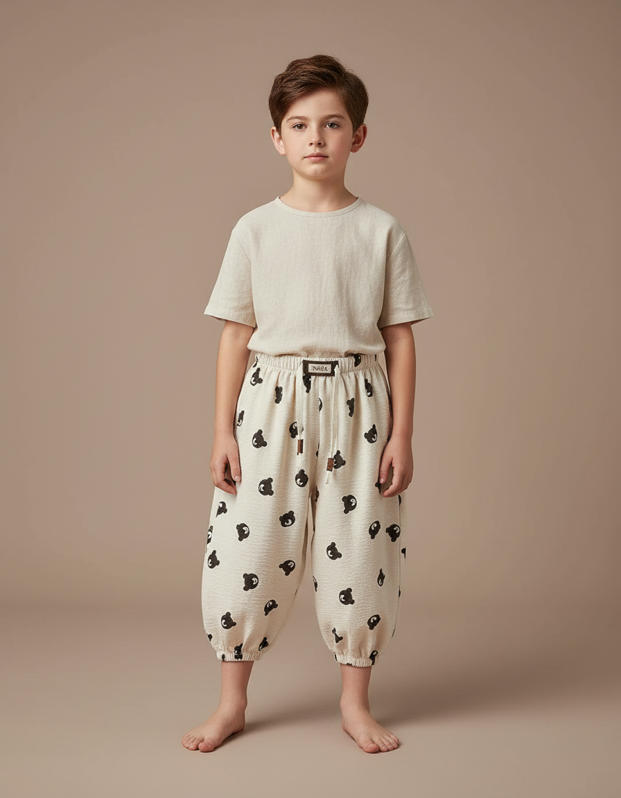 Pantalon Japonais Crème Harem Motif Ours Décontracté Enfant - Beige Lin