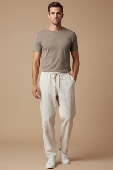 Pantalon Japonais Lin Coton Ample Beige Décontracté Homme
