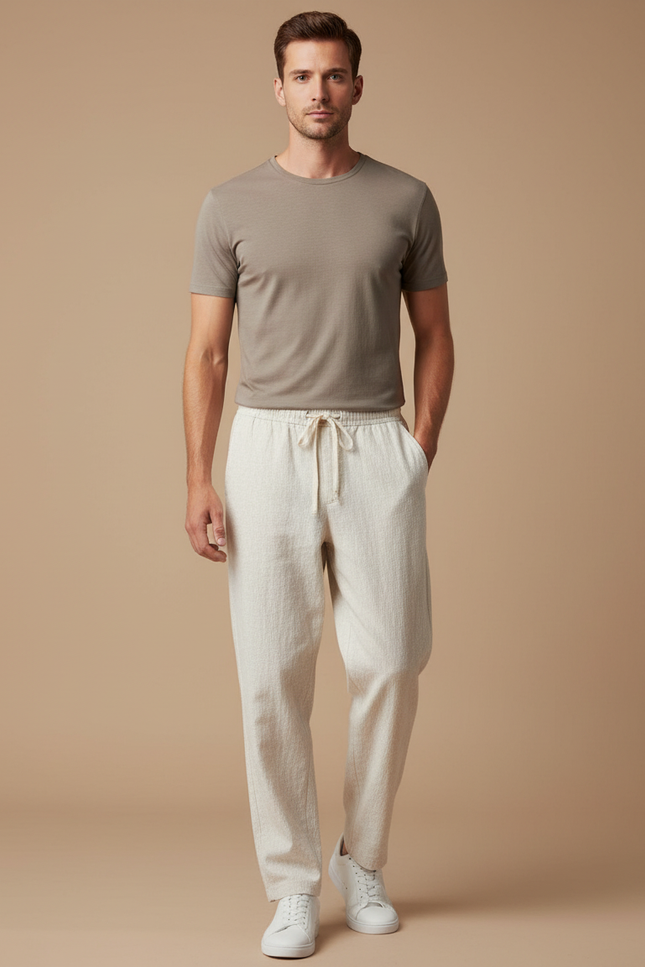 Pantalon Japonais Lin Coton Ample Beige Décontracté Homme