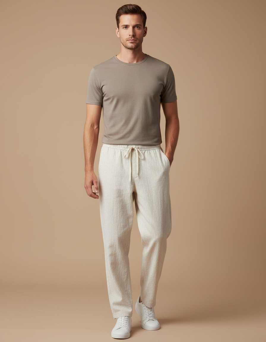 Pantalon Japonais Lin Coton Ample Beige Décontracté Homme