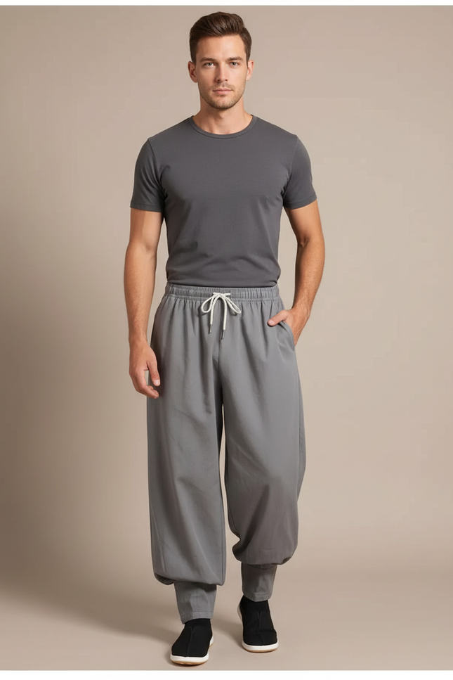 Pantalon Japonais Gris Ample Coton Fluide Homme
