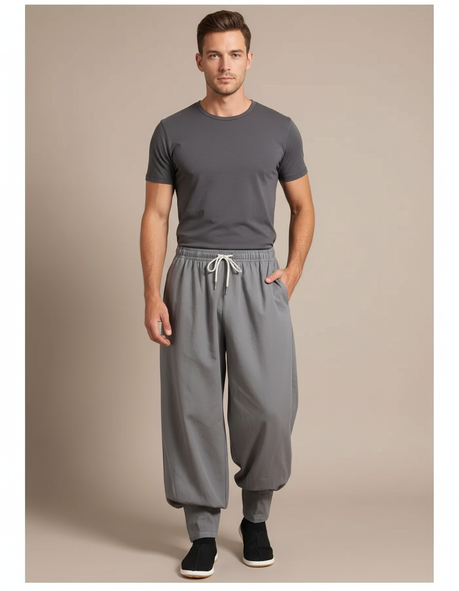 Pantalon Japonais Gris Ample Coton Fluide Homme