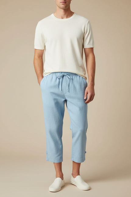 Pantalon Japonais Bleu Clair Ample Coton Cropped Décontracté - Lin