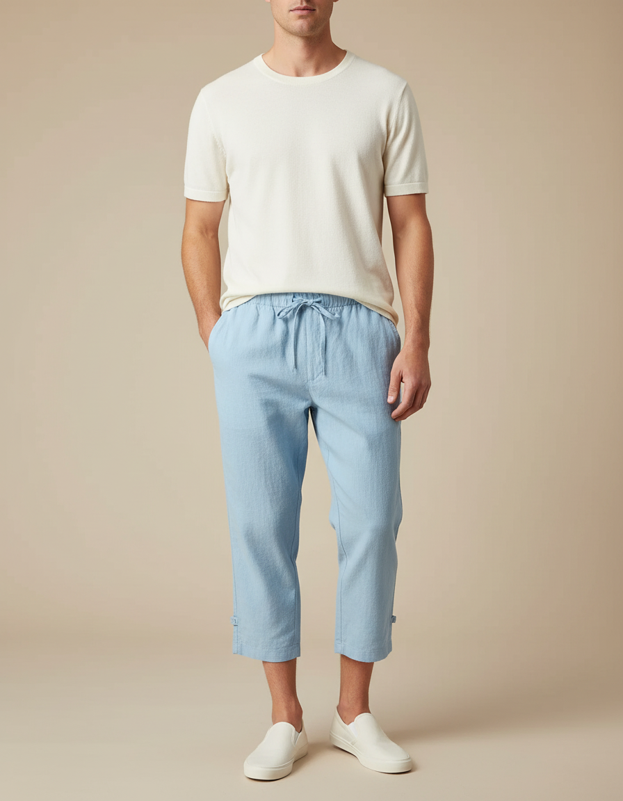 Pantalon Japonais Bleu Clair Ample Coton Cropped Décontracté - Lin