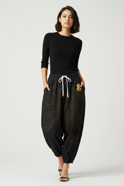 Pantalon Japonais Noir Dragon Ample Fluide Coton