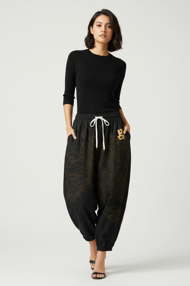 Pantalon Japonais Noir Dragon Ample Fluide Coton