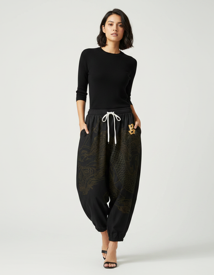 Pantalon Japonais Noir Dragon Ample Fluide Coton