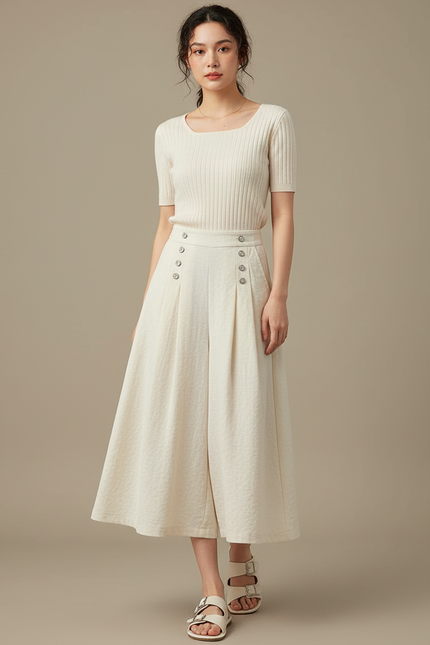 Pantalon Japonais Crème Ample Lin Plissé Femme - Beige