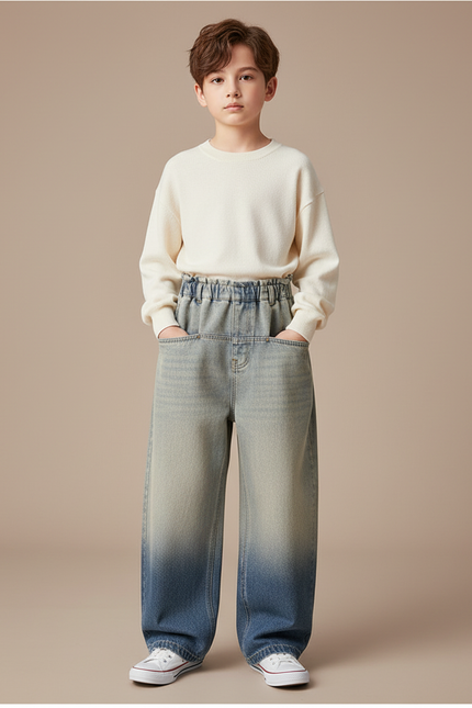 Pantalon Japonais Large Dégradé Denim Enfant Décontracté - Bleu Jean