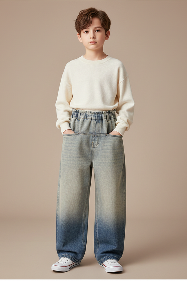 Pantalon Japonais Large Dégradé Denim Enfant Décontracté - Bleu Jean