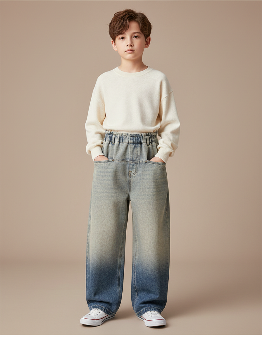 Pantalon Japonais Large Dégradé Denim Enfant Décontracté - Bleu Jean
