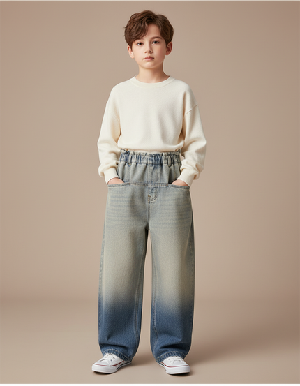Pantalon Japonais Large Dégradé Denim Enfant Décontracté - Bleu Jean