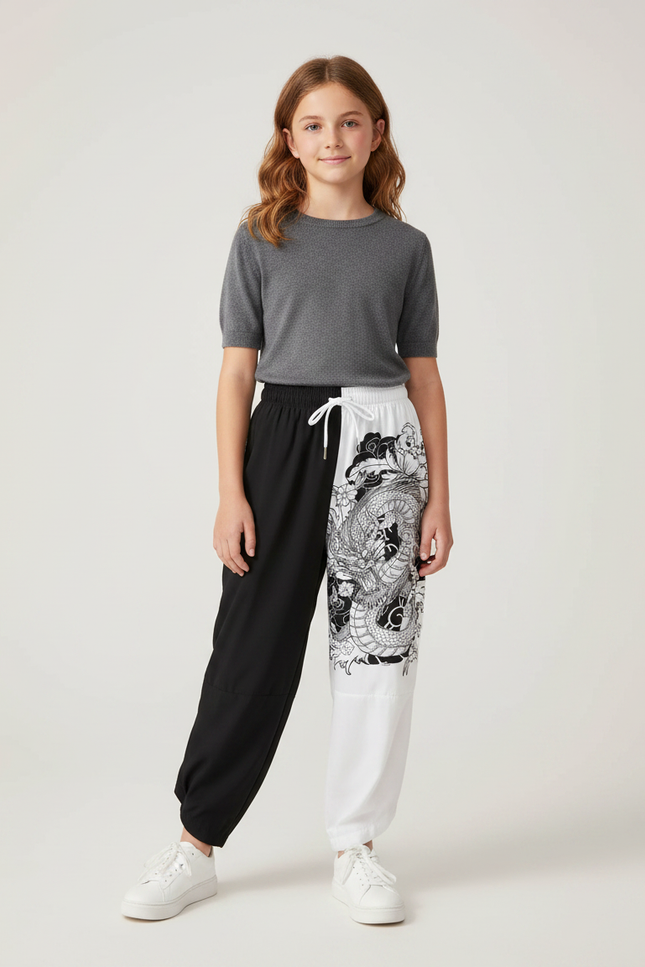 Pantalon Japonais Bicolore Dragon Ample Enfant - Multicolore Polyester