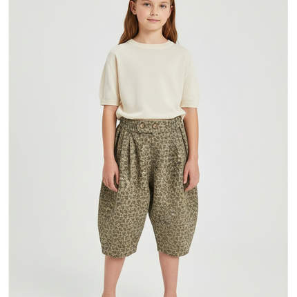 Pantalon Japonais Fleuri Vert Ample Enfant Décontracté - Kaki Coton