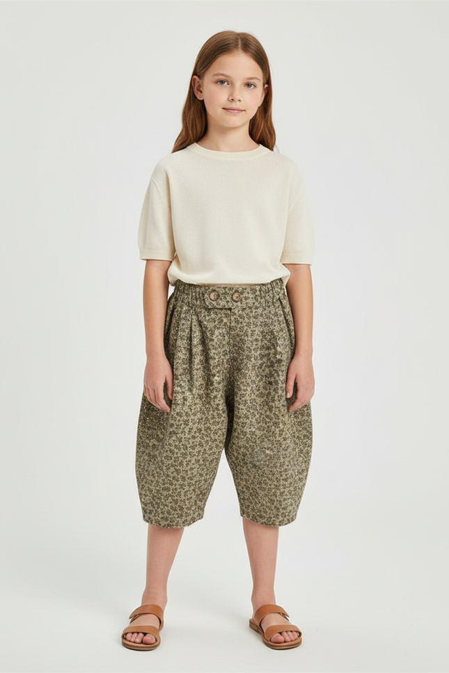 Pantalon Japonais Fleuri Vert Ample Enfant Décontracté - Kaki Coton