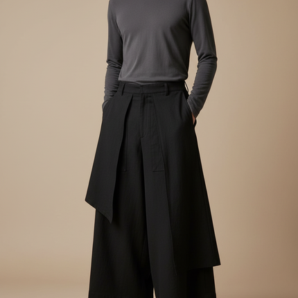 Pantalon Japonais Noir Ample Superposé Asymétrique Unisexe - Coton